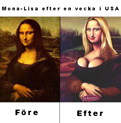 bild - Mona lisa i tvÃ¥ versioner dels den klassiska och dels en retuschad med blonderat hÃ¥r och silikonimplantat bl.a.