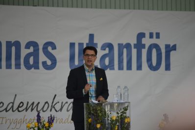 Sverigedemokraternas partiledare Jimmie Ã…kesson talar i Almedalen 2012