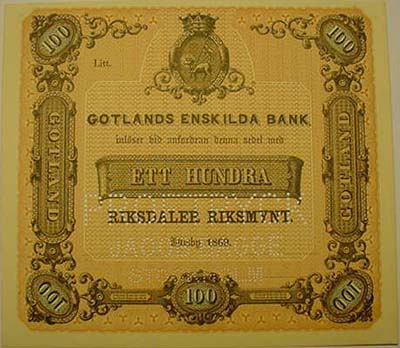 bild - sedel 100 kronor 1869 gotlands enskilda bank