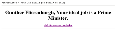 skÃ¤rmdump - jobpredictor, text - gunther fliesenburgh, your ideal job is a prime minister